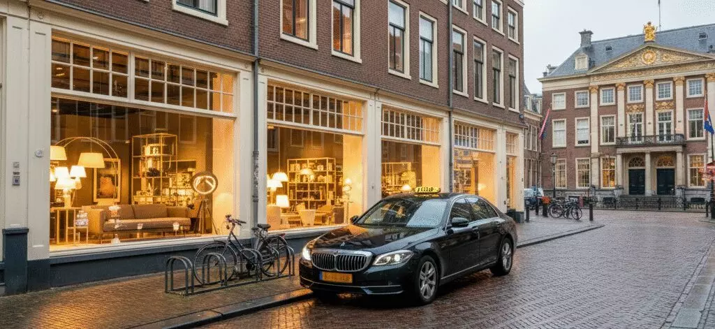 Designwinkels in Het Noordeinde met koninklijke sfeer in Den Haag.