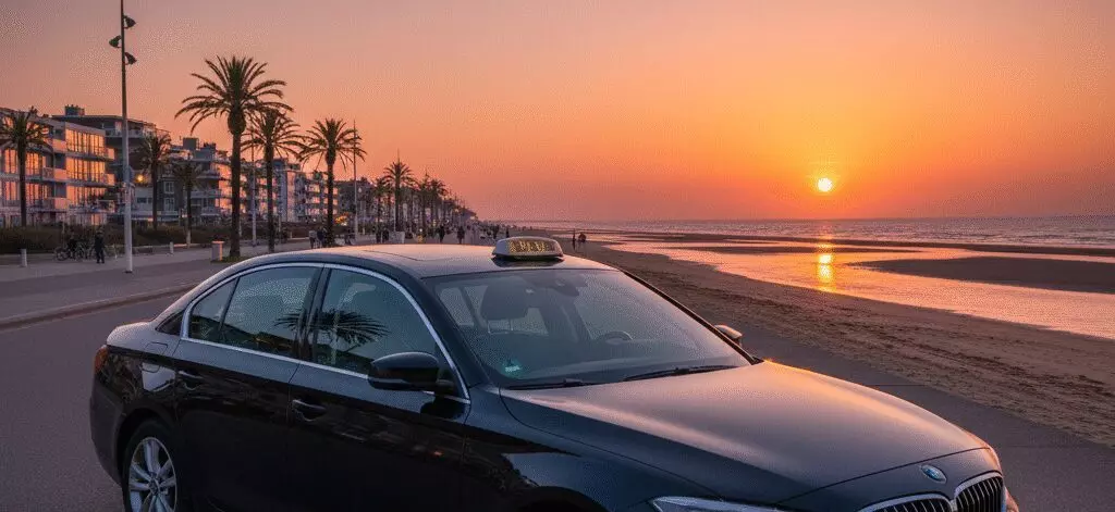 Kijkduin boulevard avond met zonsondergang en schemerlicht in Den Haag.