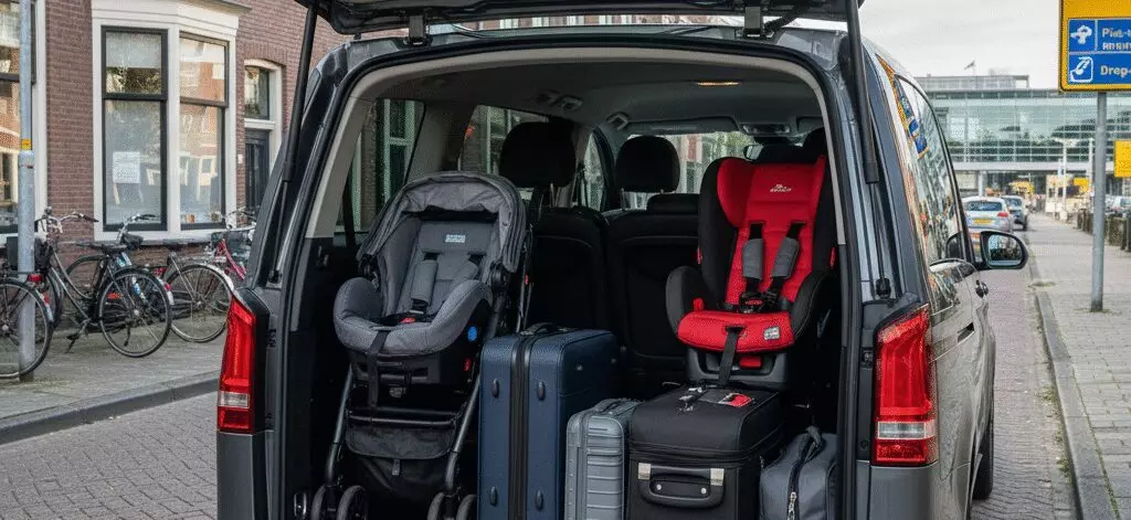 Kun je een taxi reserveren naar Rotterdam Airport met bagage en kinderzitje?