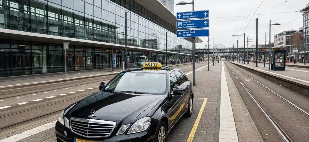 Stappen om een taxi naar Rotterdam Airport bij Den Haag Centraal te nemen